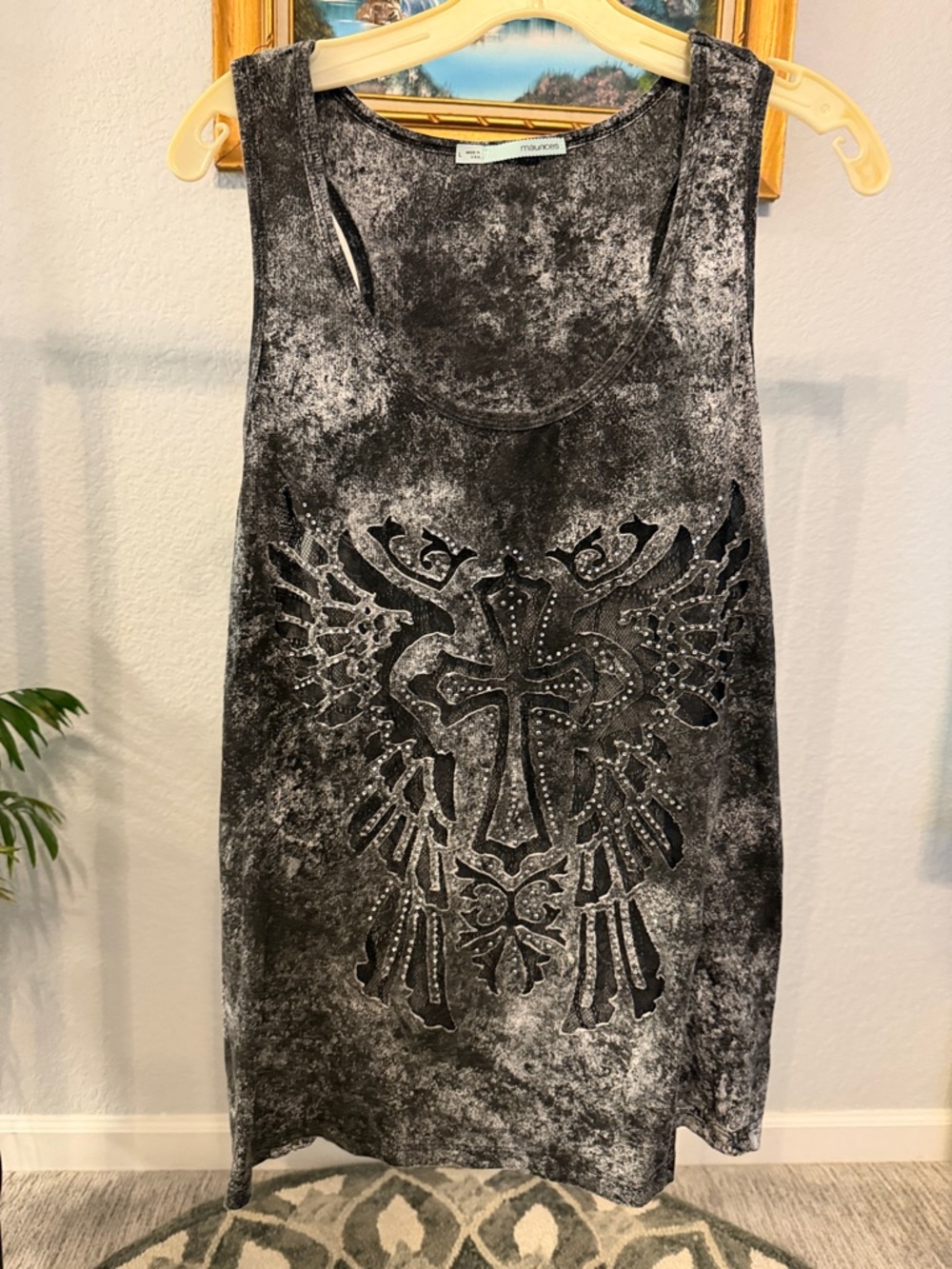 Maurices Black Charcoal Washed Tank Top with Studded Cross